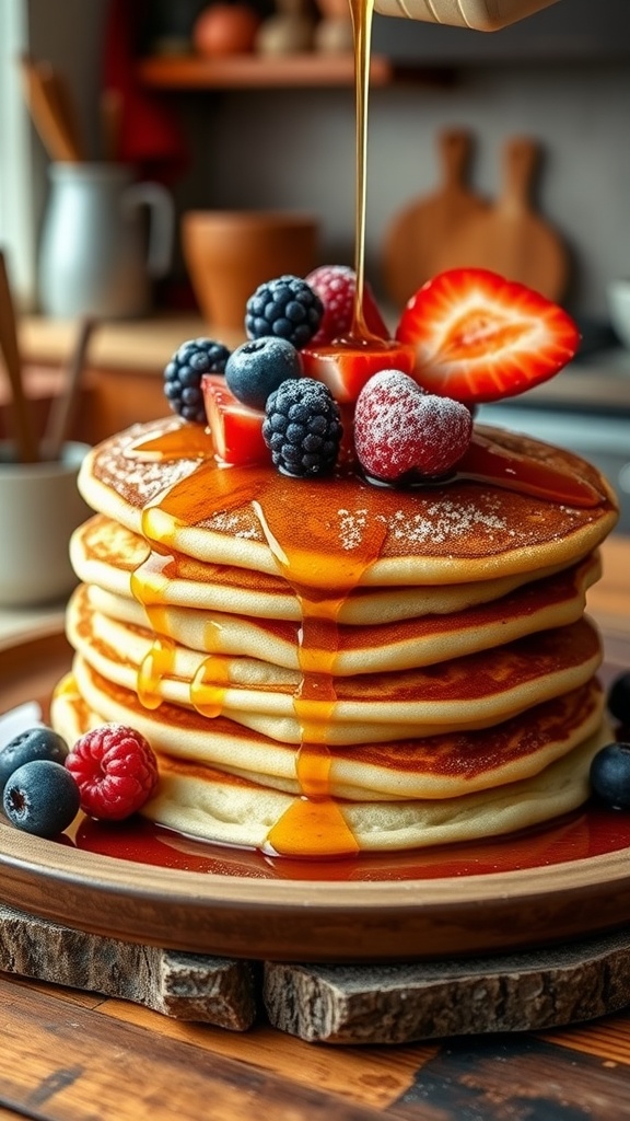 Fluffy almond flour pancakes topped with maple syrup and fresh berries on a wooden plate.